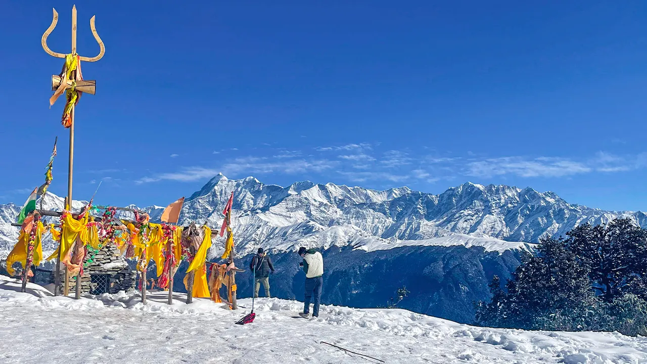 Snow capped mountain peaks viewed during the Brahmatal Trek