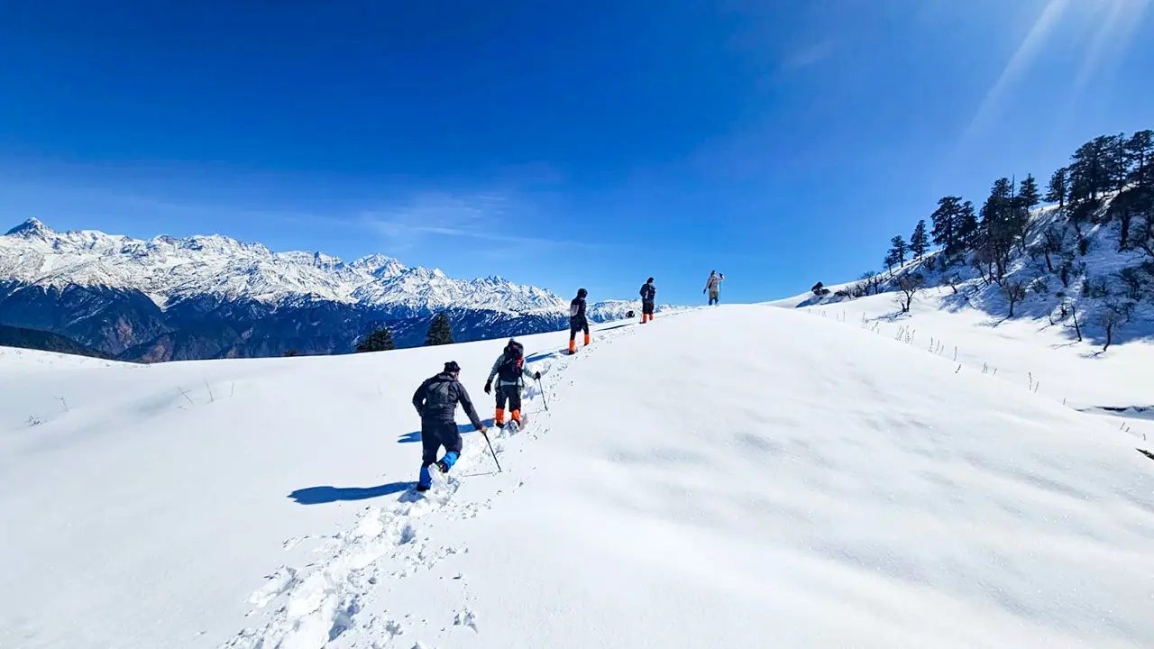 Trekkers crossing a snowy trail during the Dayara Bugyal Trek